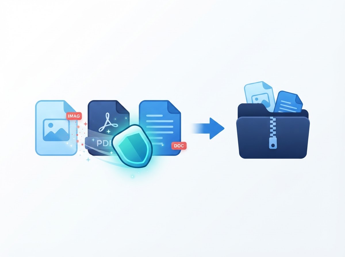 Image, PDF and document icons having their metadata tags removed before being packed into one ZIP file