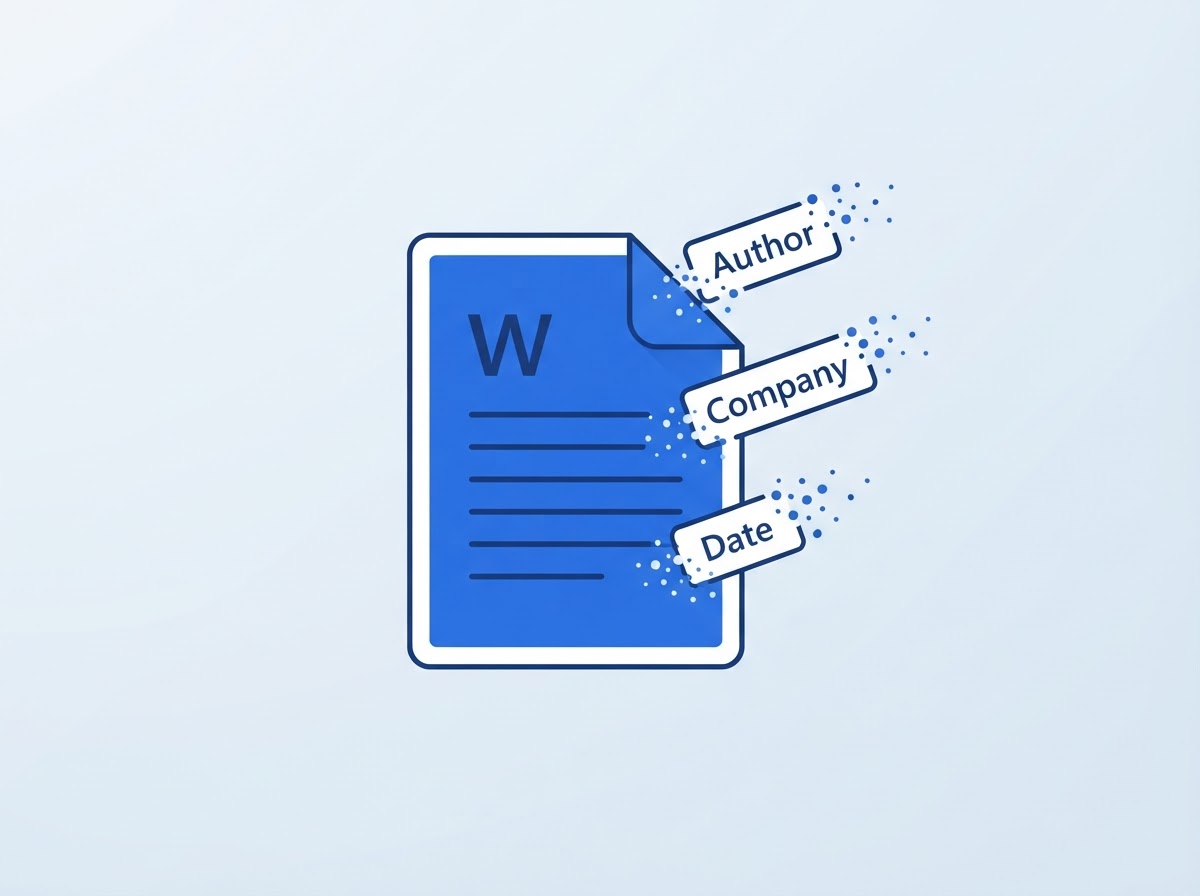 Word document icon carrying Author, Company and Date metadata before the document metadata remover cleans it